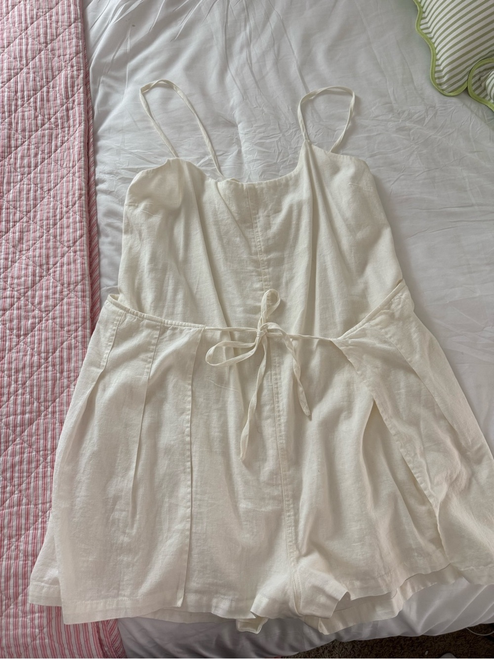 Free People Cream Spaghetti-Strap Linen Romper with Tie Waist